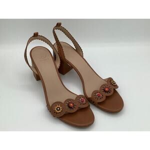 Tory Burch Size 9 Light Brown Kitten Heel Slides Floral Charms Boehmian